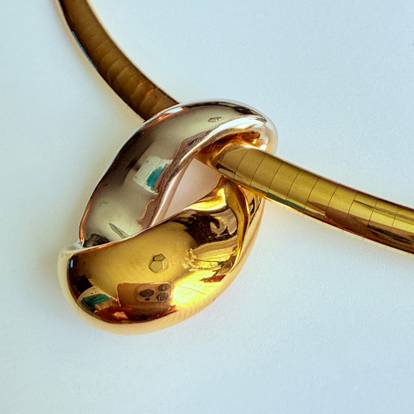 Estate 14K Yellow Gold Gooseneck Half Round Necklace Two Tone Modernist Pendant - Picture 4 of 12